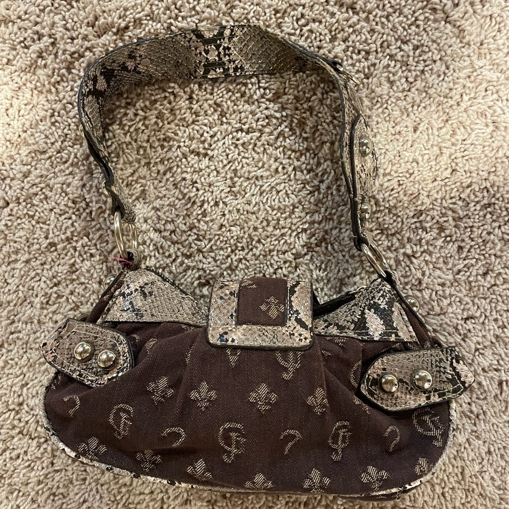 Guess Brown Monogram Shoulder Bag with Snake-Print Trim - Picture 4 of 10